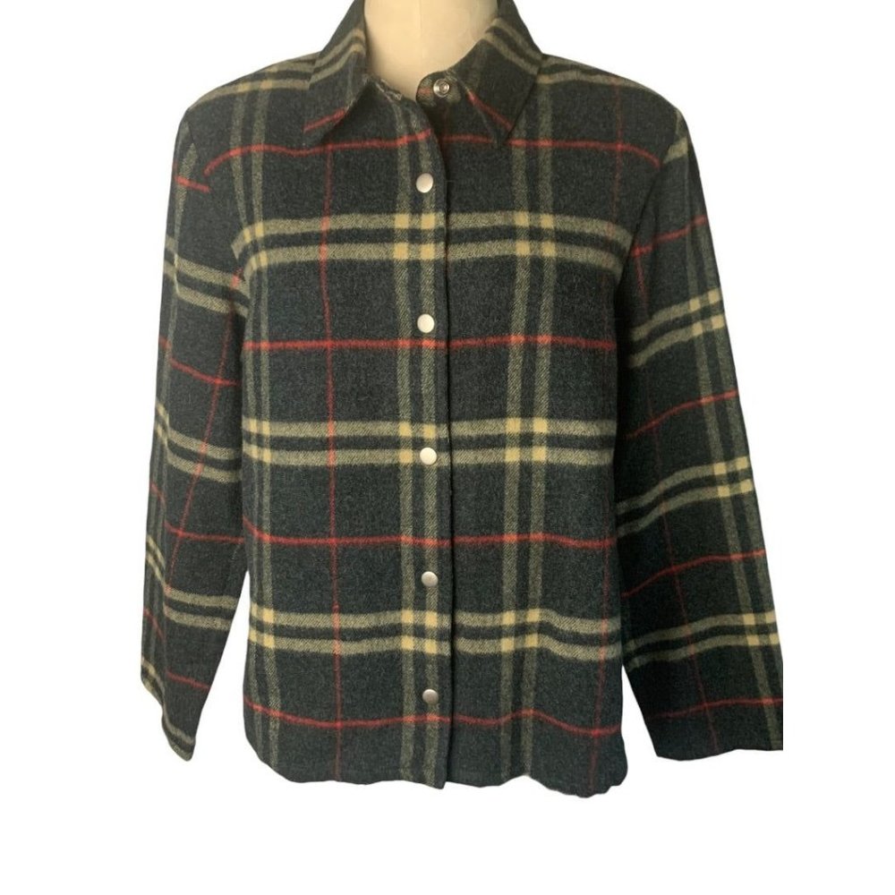 Large Lemon Grass Women's Gray Snap Up‎ Wool Blend Plaid Jacket Shirt Y2K